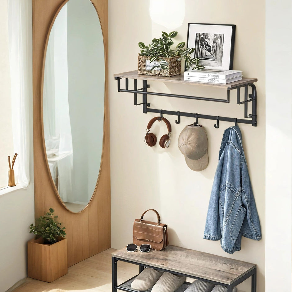Wall-Mounted Coat Rack – Wood – Oak/White/Greige/Black/Rustic Brown – 5 Removable Hooks with Floating Shelf