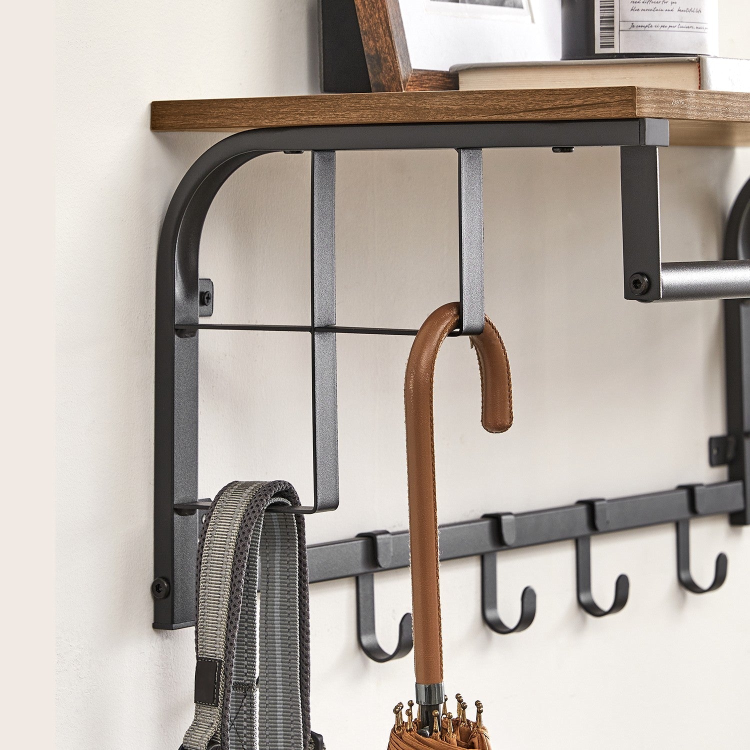 Wall-Mounted Coat Rack – Wood – Oak/White/Greige/Black/Rustic Brown – 5 Removable Hooks with Floating Shelf
