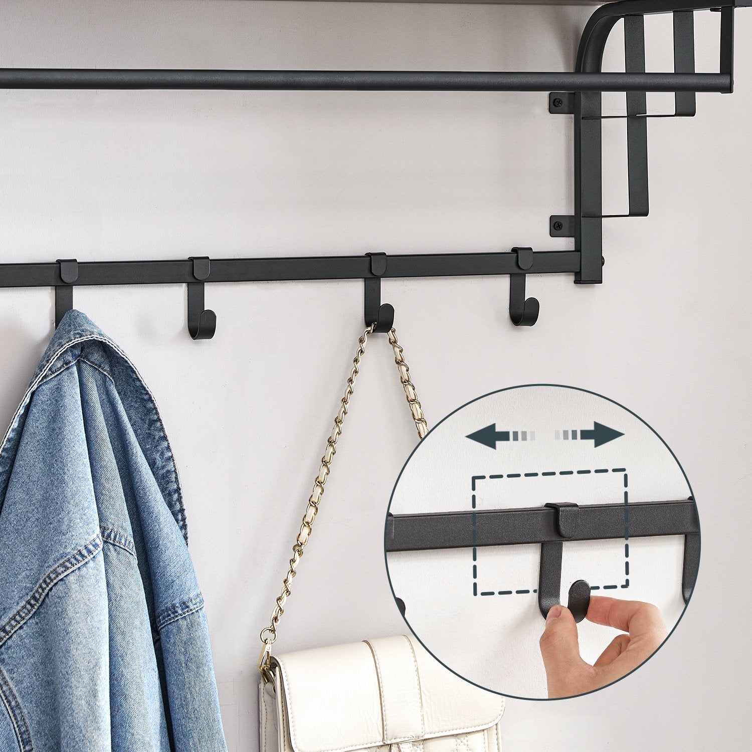 Wall-Mounted Coat Rack – Wood – Oak/White/Greige/Black/Rustic Brown – 5 Removable Hooks with Floating Shelf