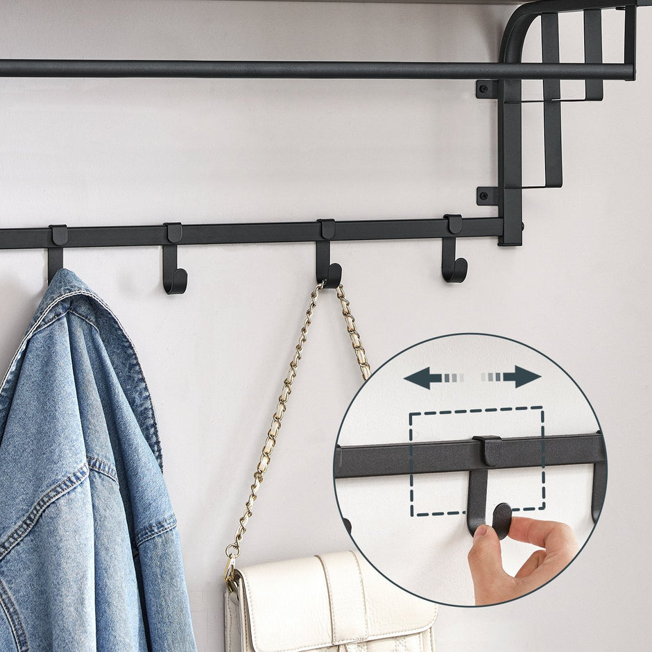 Wall-Mounted Coat Rack – Wood – Oak/White/Greige/Black/Rustic Brown – 5 Removable Hooks with Floating Shelf