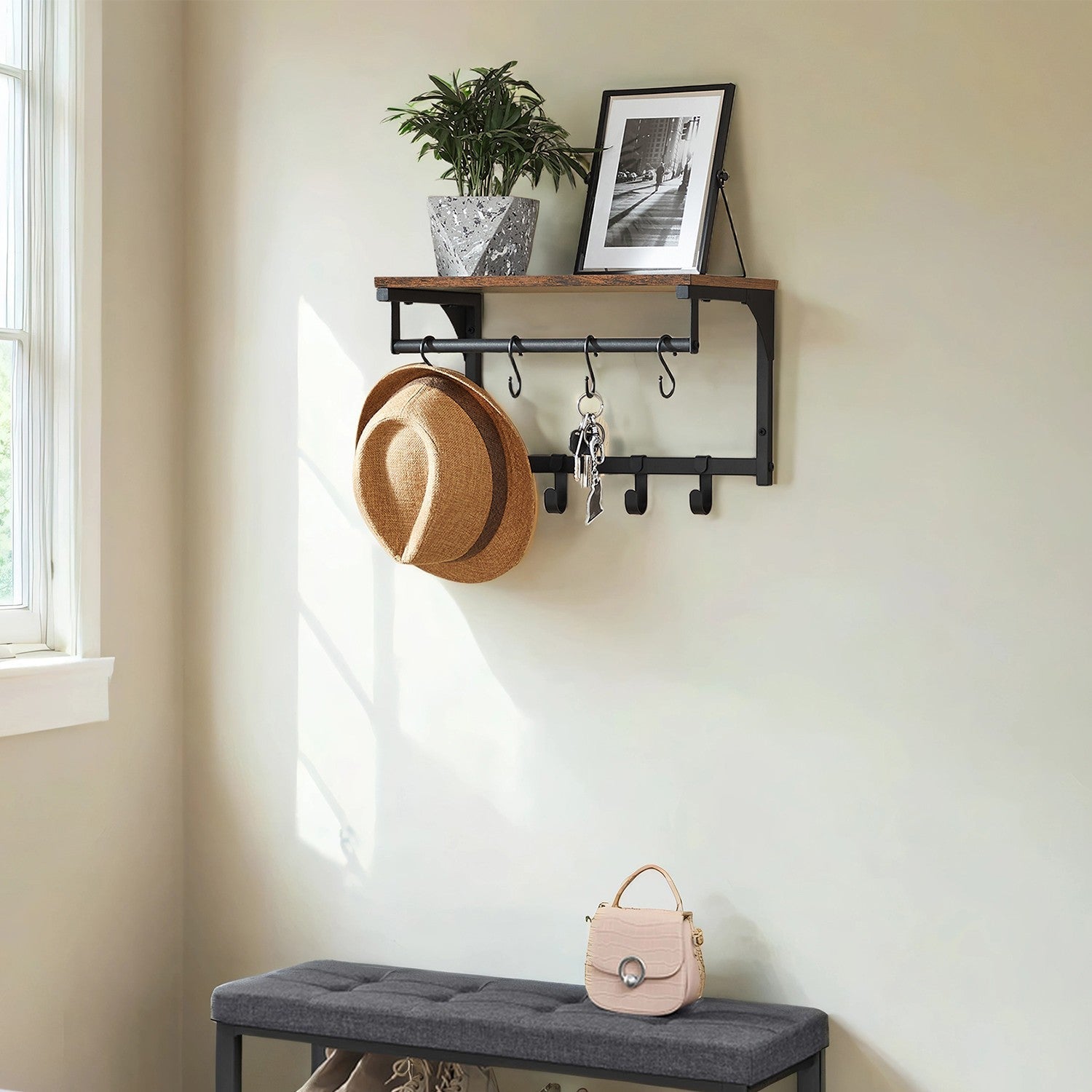 Wall Coat Rack – Wood – Rustic Brown and Black – 8 Hooks with Shelf