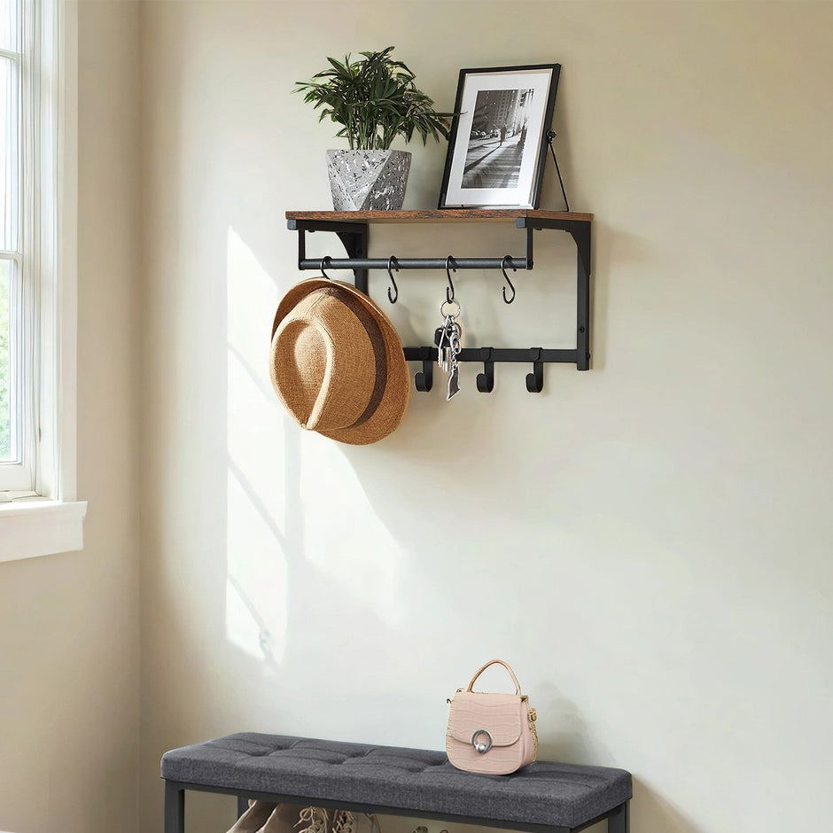 Wall Coat Rack – Wood – Rustic Brown and Black – 8 Hooks with Shelf