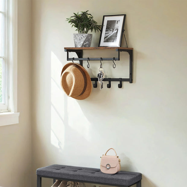 Wall Coat Rack – Wood – Rustic Brown and Black – 8 Hooks with Shelf