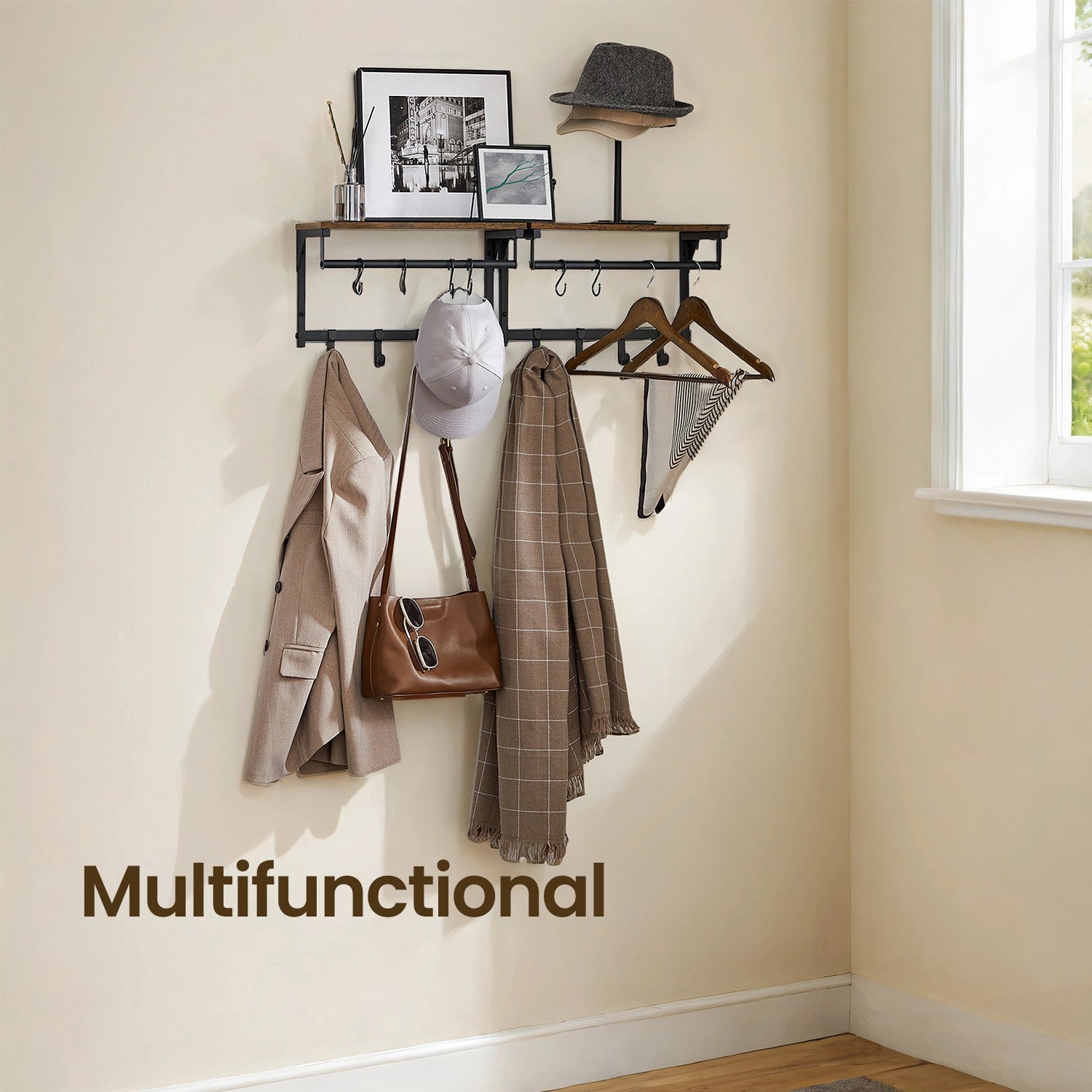 Wall Coat Rack – Wood – Rustic Brown and Black – 8 Hooks with Shelf