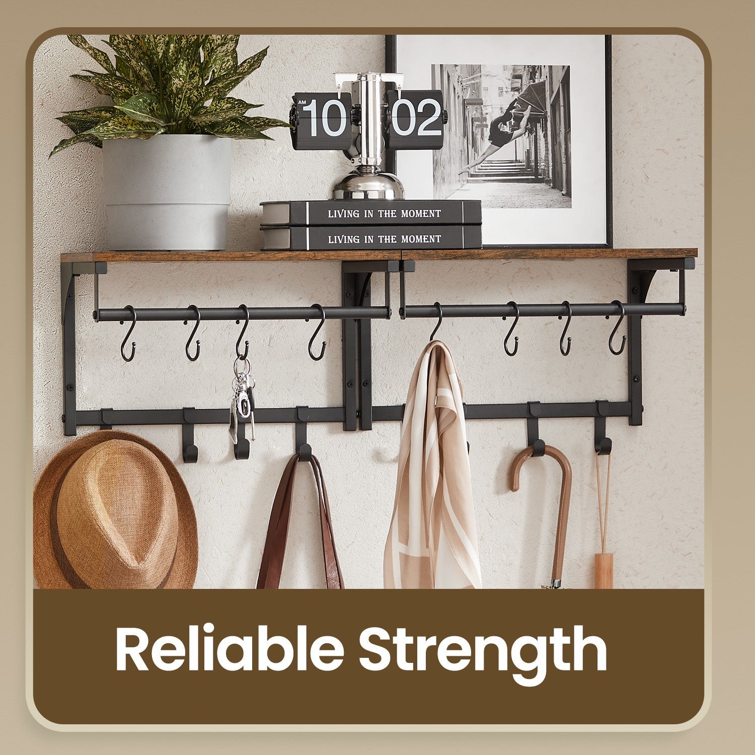 Wall Coat Rack – Wood – Rustic Brown and Black – 8 Hooks with Shelf