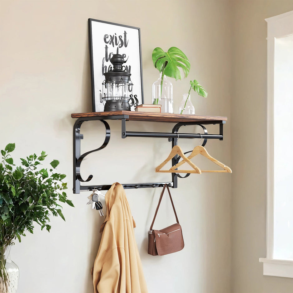 Industrial Coat Rack – Metal and Wood – Rustic Brown and Black – Wall Mounted with Shelf and 5 Hooks