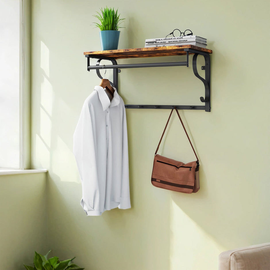 Industrial Coat Rack – Metal and Wood – Rustic Brown and Black – Wall Mounted with Shelf and 5 Hooks