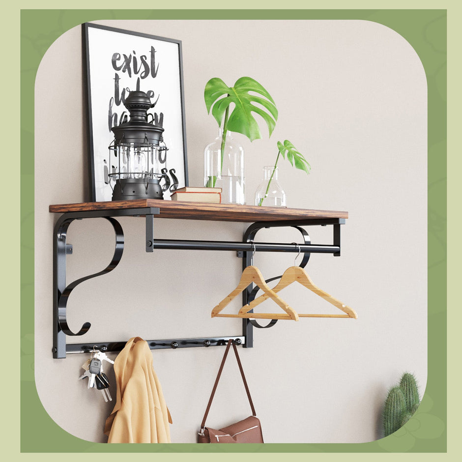 Industrial Coat Rack – Metal and Wood – Rustic Brown and Black – Wall Mounted with Shelf and 5 Hooks