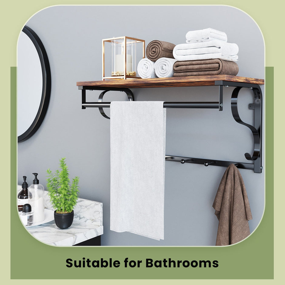 Industrial Coat Rack – Metal and Wood – Rustic Brown and Black – Wall Mounted with Shelf and 5 Hooks