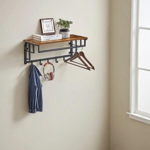 Wall-Mounted Coat Rack – Metal – Industrial Gray – With 5 Removable Hooks and Floating Shelf