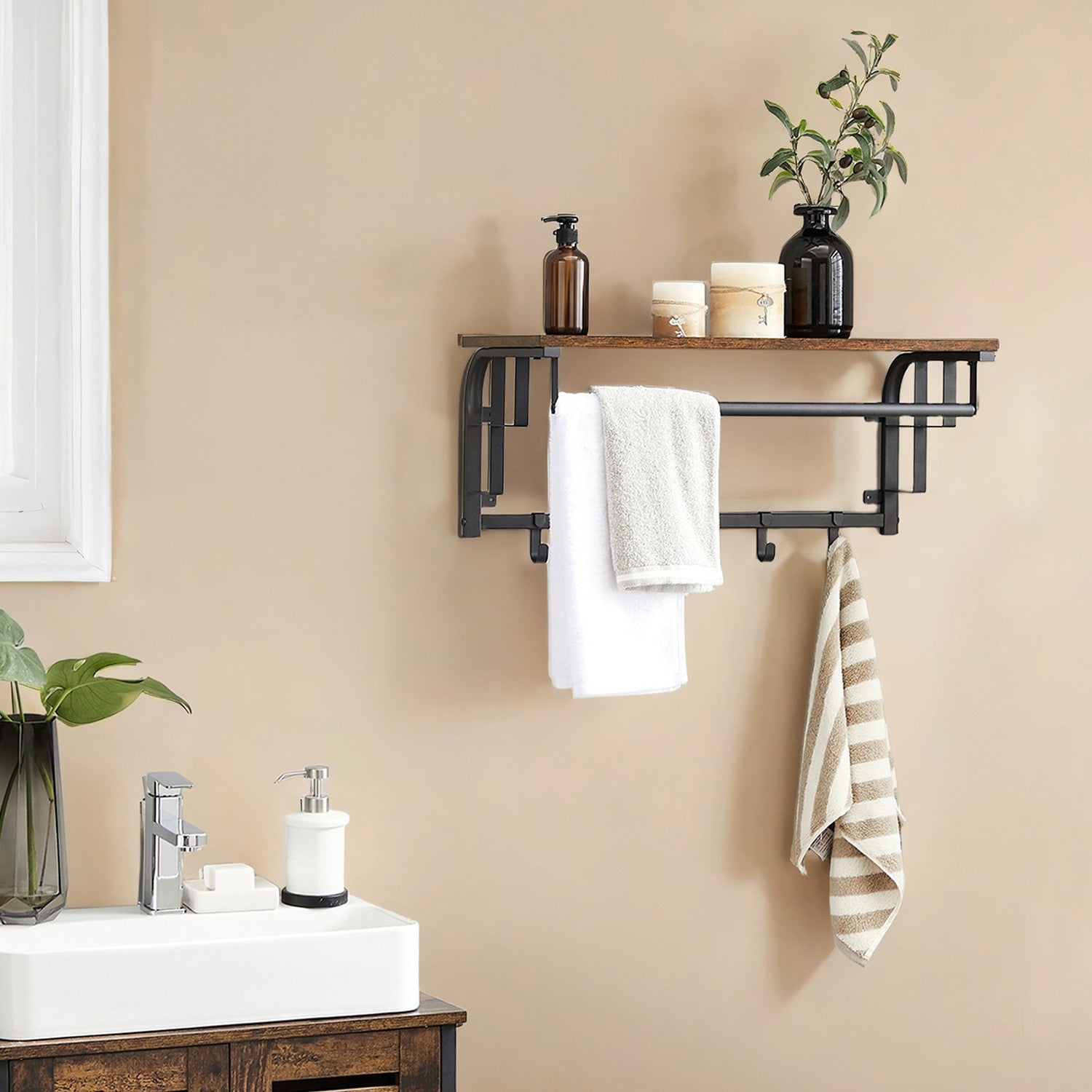 Wall-Mounted Coat Rack – Metal – Industrial Gray – With 5 Removable Hooks and Floating Shelf