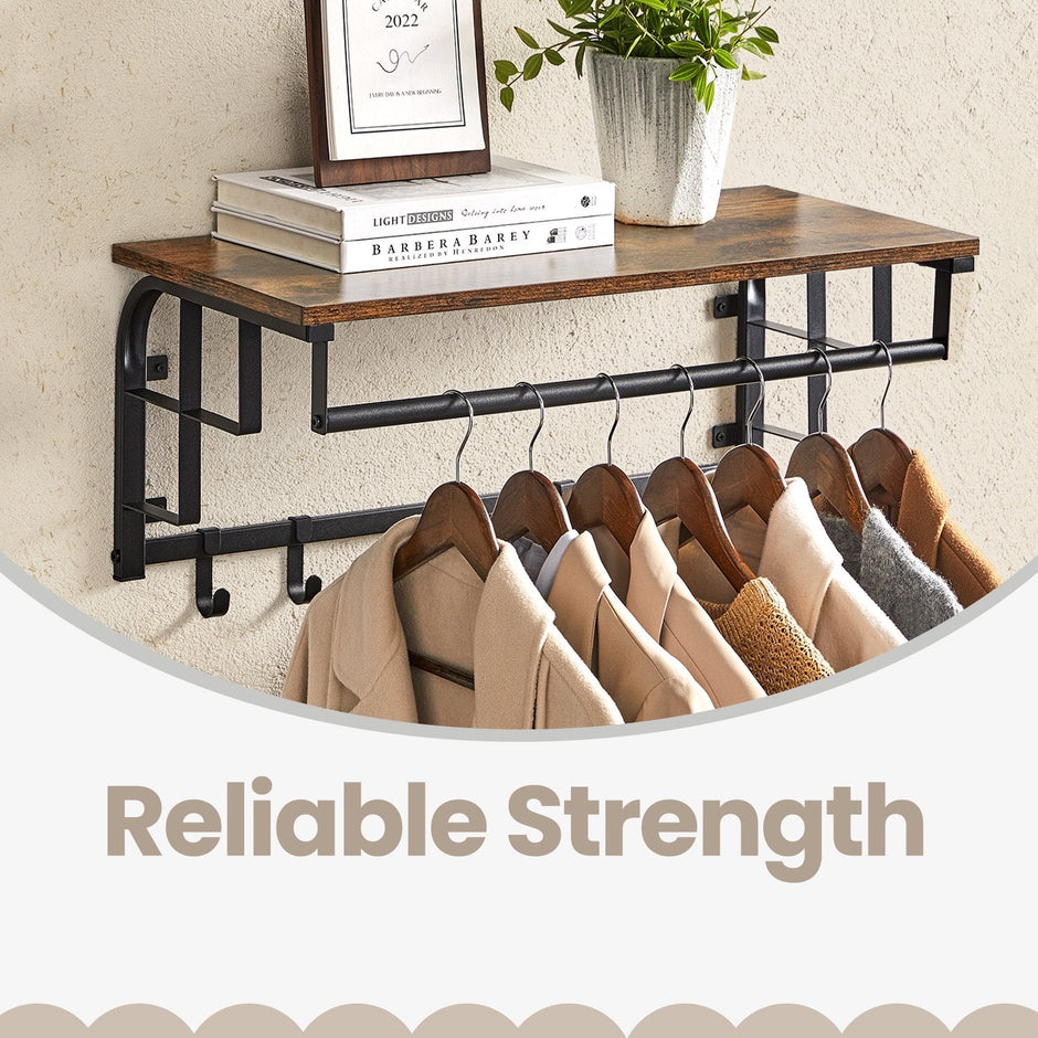 Wall-Mounted Coat Rack – Metal – Industrial Gray – With 5 Removable Hooks and Floating Shelf