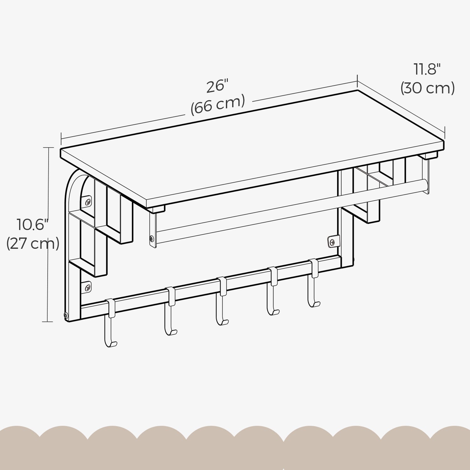 Wall-Mounted Coat Rack – Metal – Industrial Gray – With 5 Removable Hooks and Floating Shelf