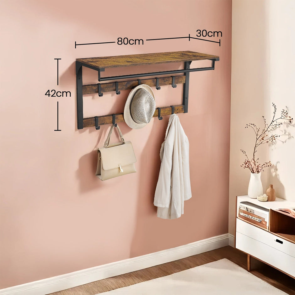 Wall-Mounted Coat Rack – Wood – Oak and White/Grey and Black/Rustic Brown – 10 Removable Hooks with Shelf