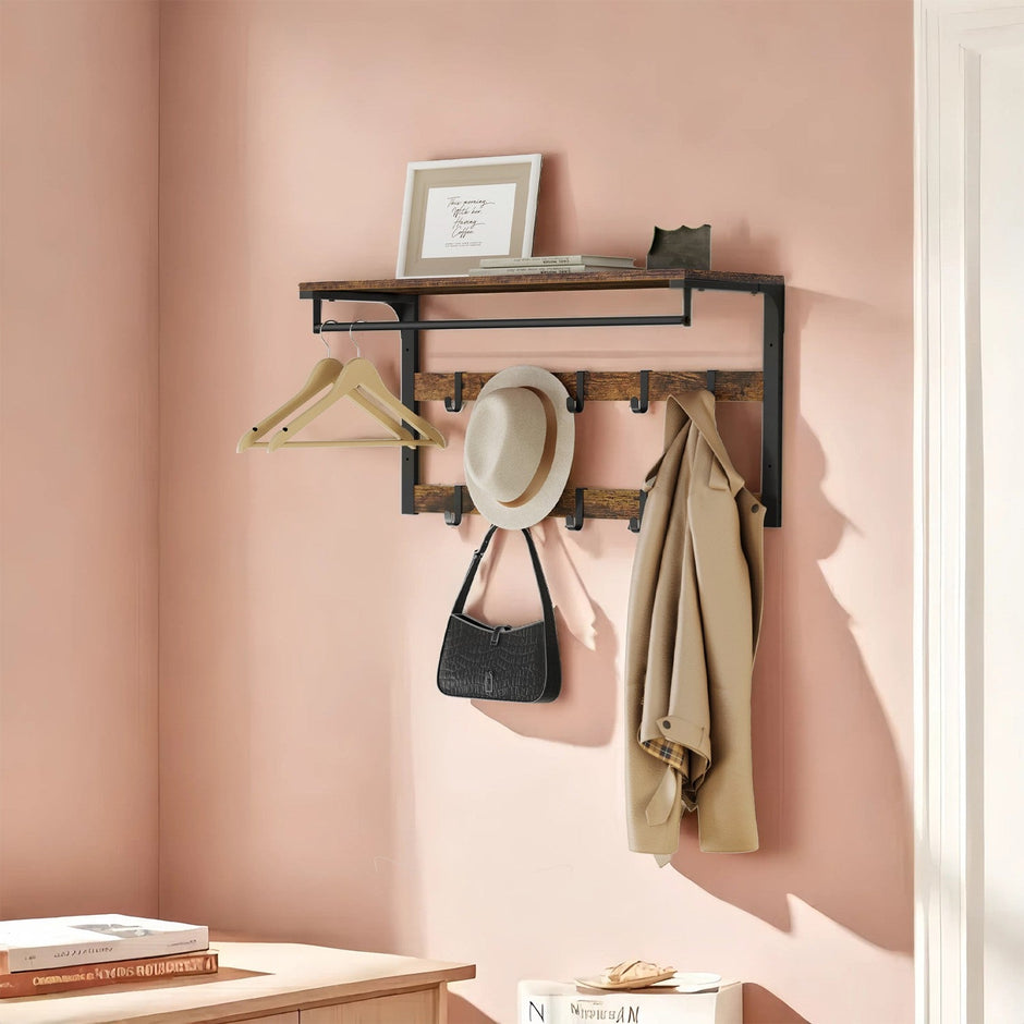 Wall-Mounted Coat Rack – Wood – Oak and White/Grey and Black/Rustic Brown – 10 Removable Hooks with Shelf