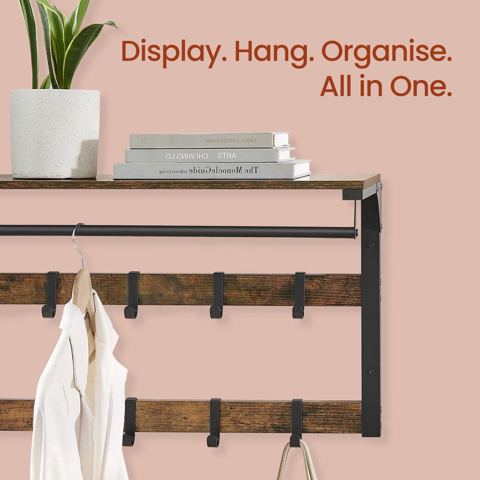 Wall-Mounted Coat Rack – Wood – Oak and White/Grey and Black/Rustic Brown – 10 Removable Hooks with Shelf