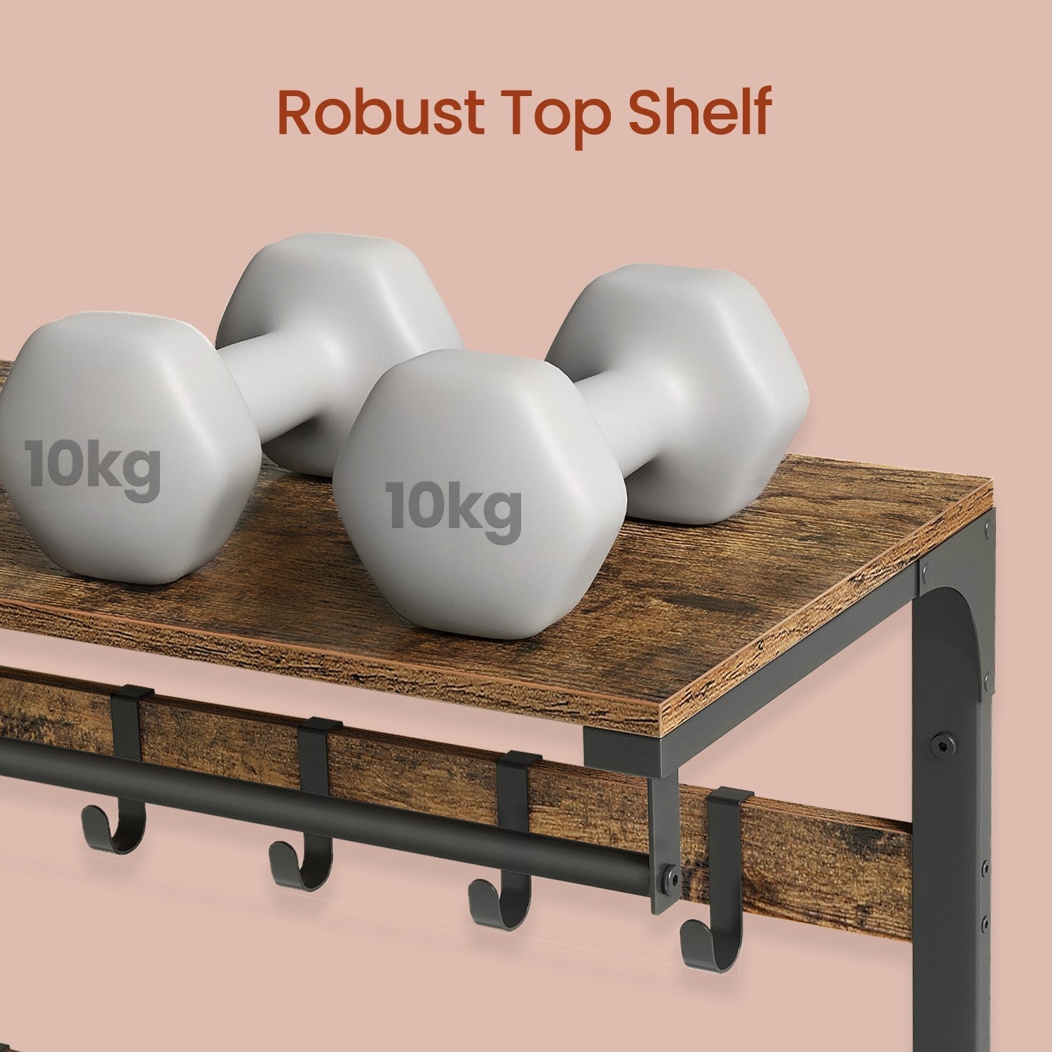 Wall-Mounted Coat Rack – Wood – Oak and White/Grey and Black/Rustic Brown – 10 Removable Hooks with Shelf
