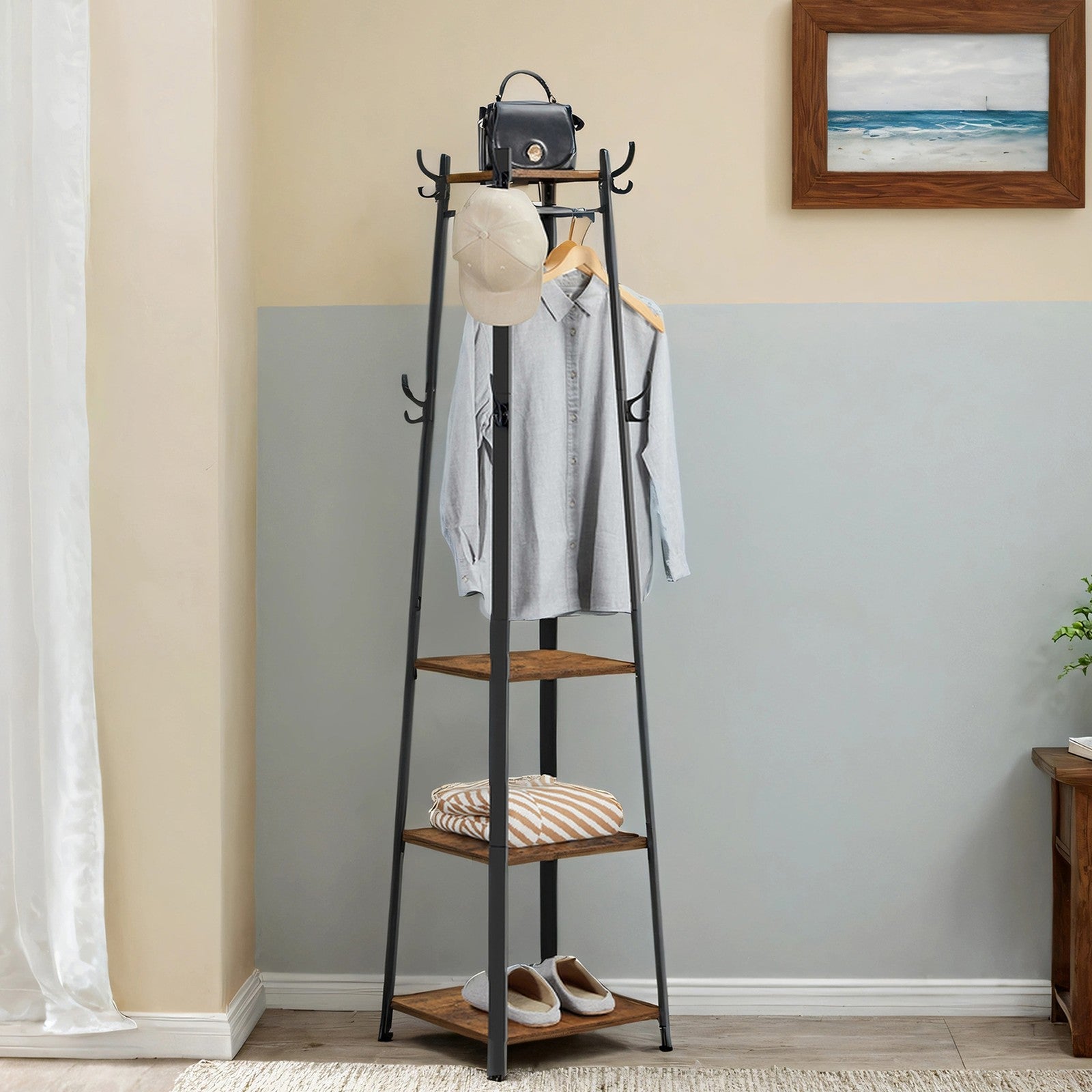 Coat Rack – Metal – Rustic Brown – Free Standing with 4 Shelves and Hooks