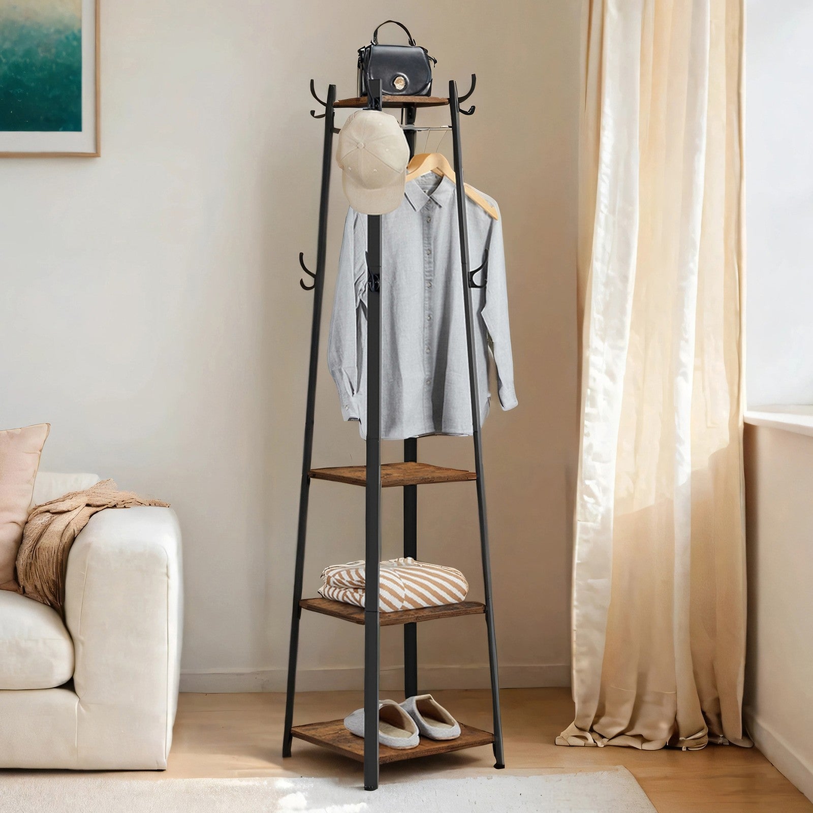 Coat Rack – Metal – Rustic Brown – Free Standing with 4 Shelves and Hooks