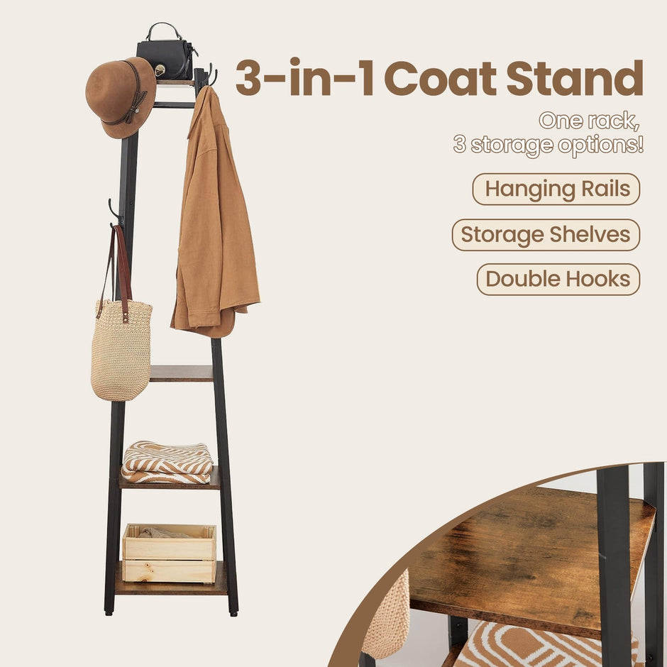 Coat Rack – Metal – Rustic Brown – Free Standing with 4 Shelves and Hooks