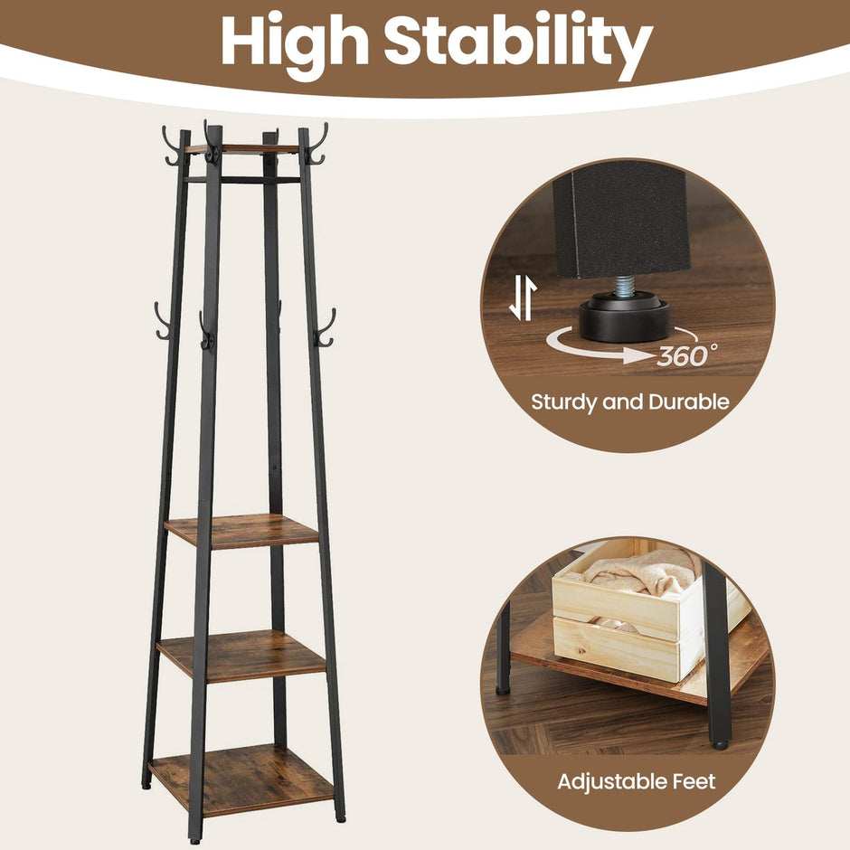 Coat Rack – Metal – Rustic Brown – Free Standing with 4 Shelves and Hooks