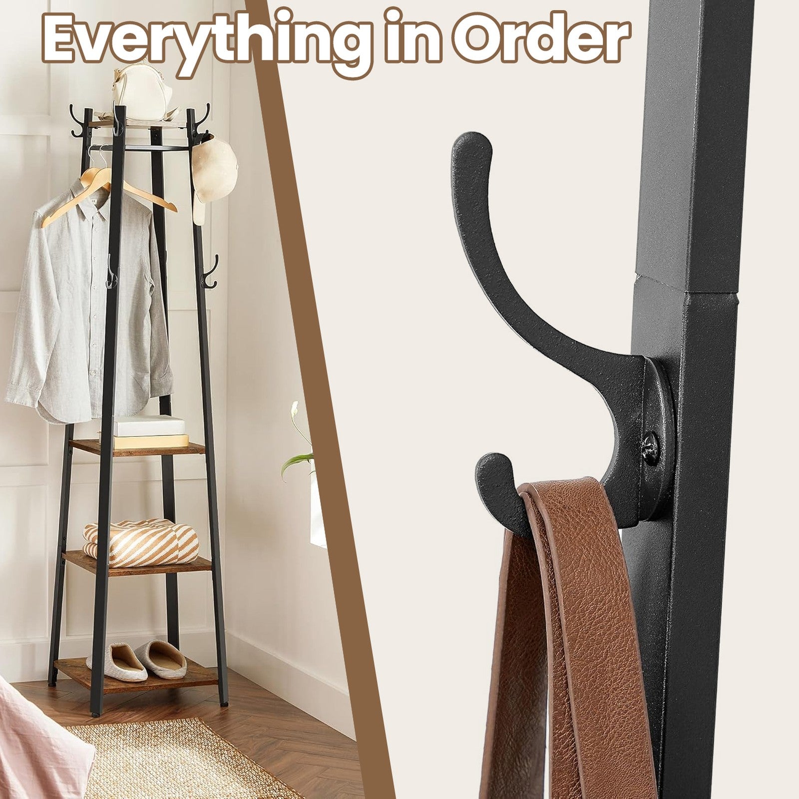 Coat Rack – Metal – Rustic Brown – Free Standing with 4 Shelves and Hooks