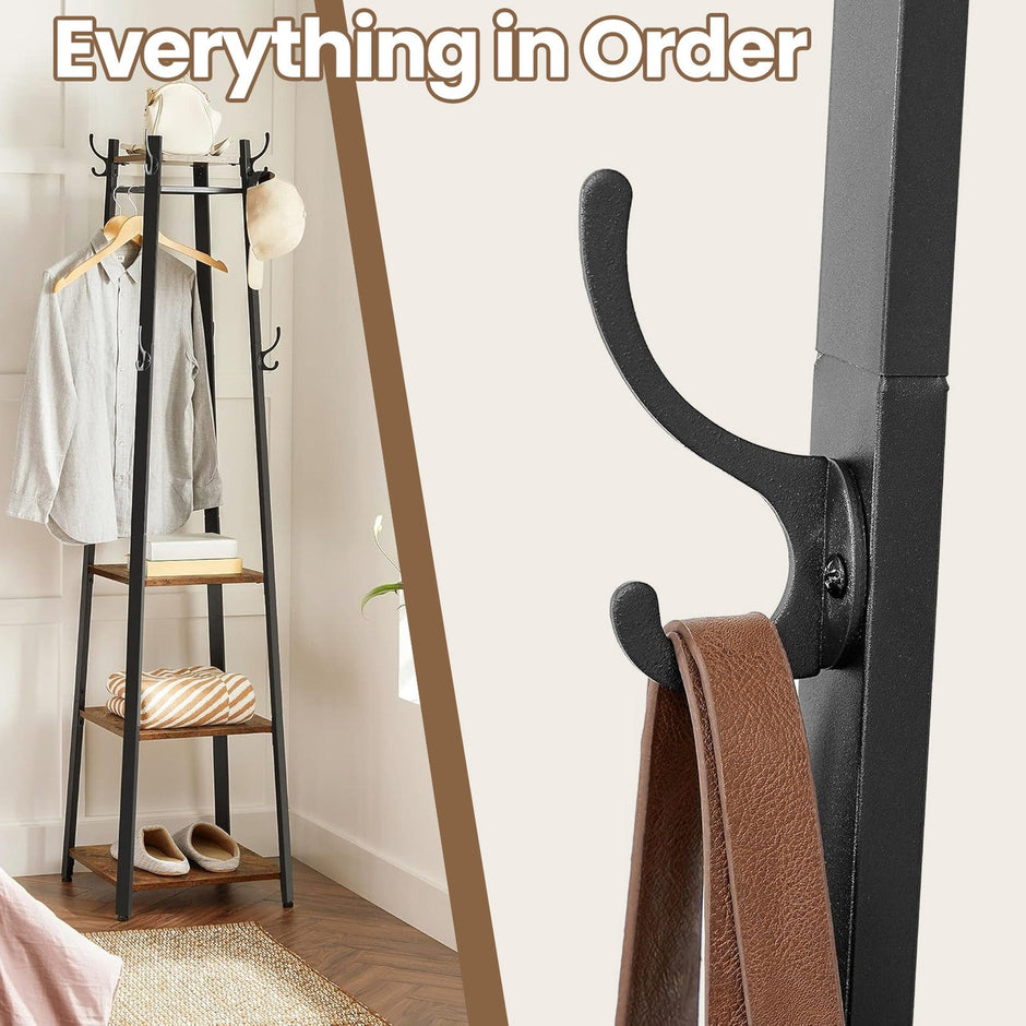 Coat Rack – Metal – Rustic Brown – Free Standing with 4 Shelves and Hooks
