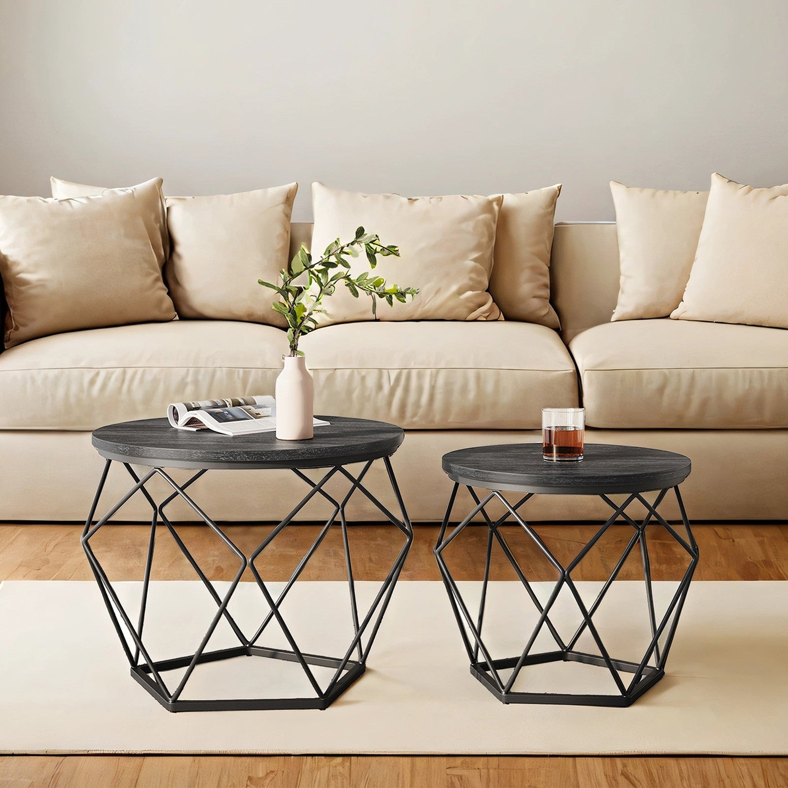 Round Coffee Table Set of 2 – Steel Frame – Modern Design – Removable Tabletop
