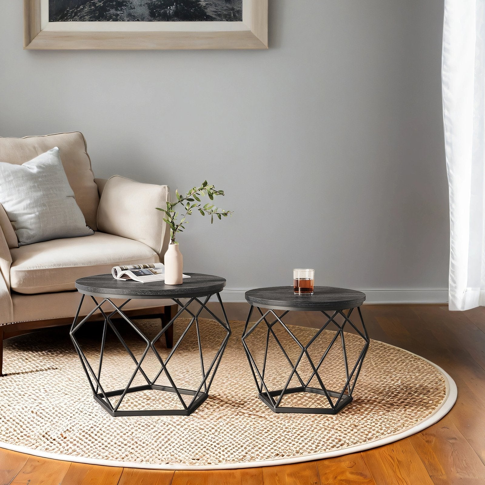 Round Coffee Table Set of 2 – Steel Frame – Modern Design – Removable Tabletop