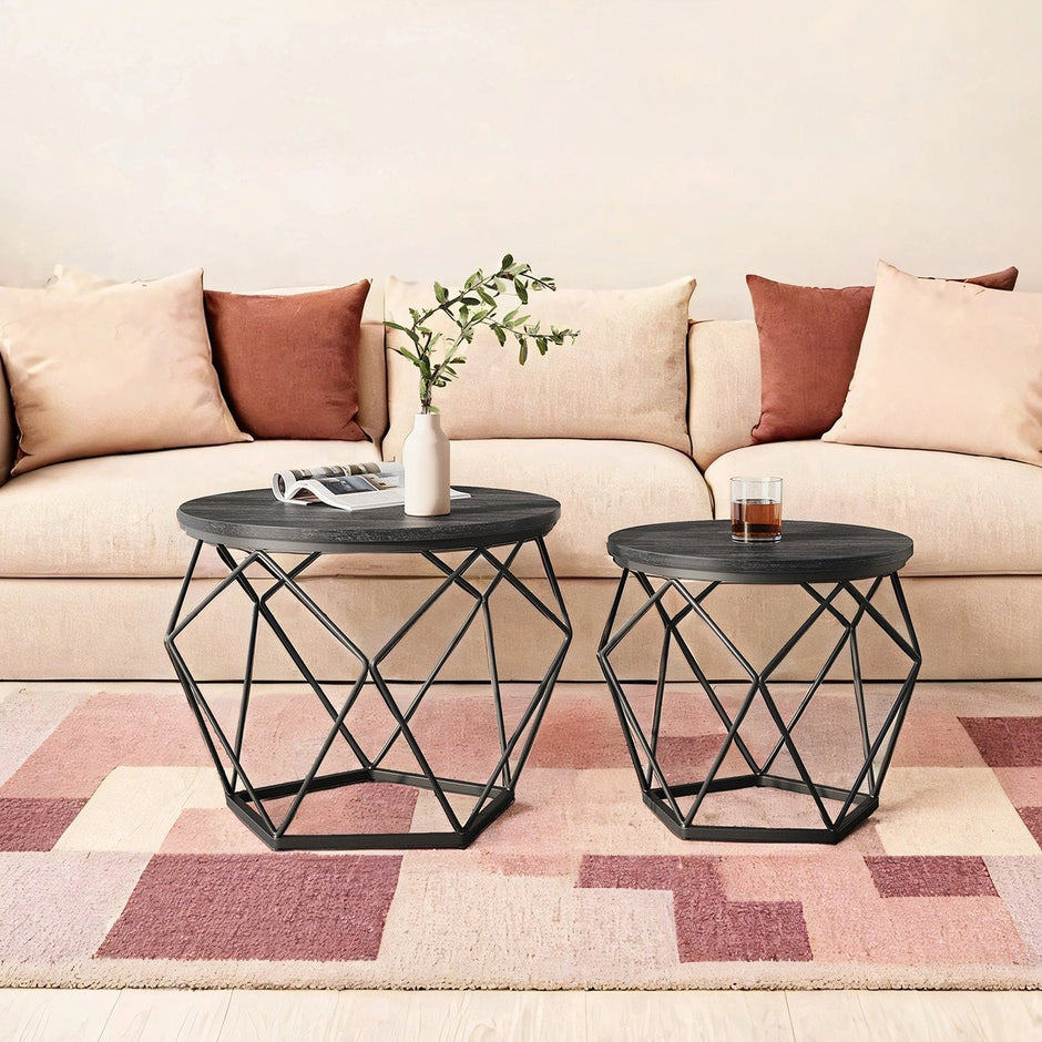 Round Coffee Table Set of 2 – Steel Frame – Modern Design – Removable Tabletop