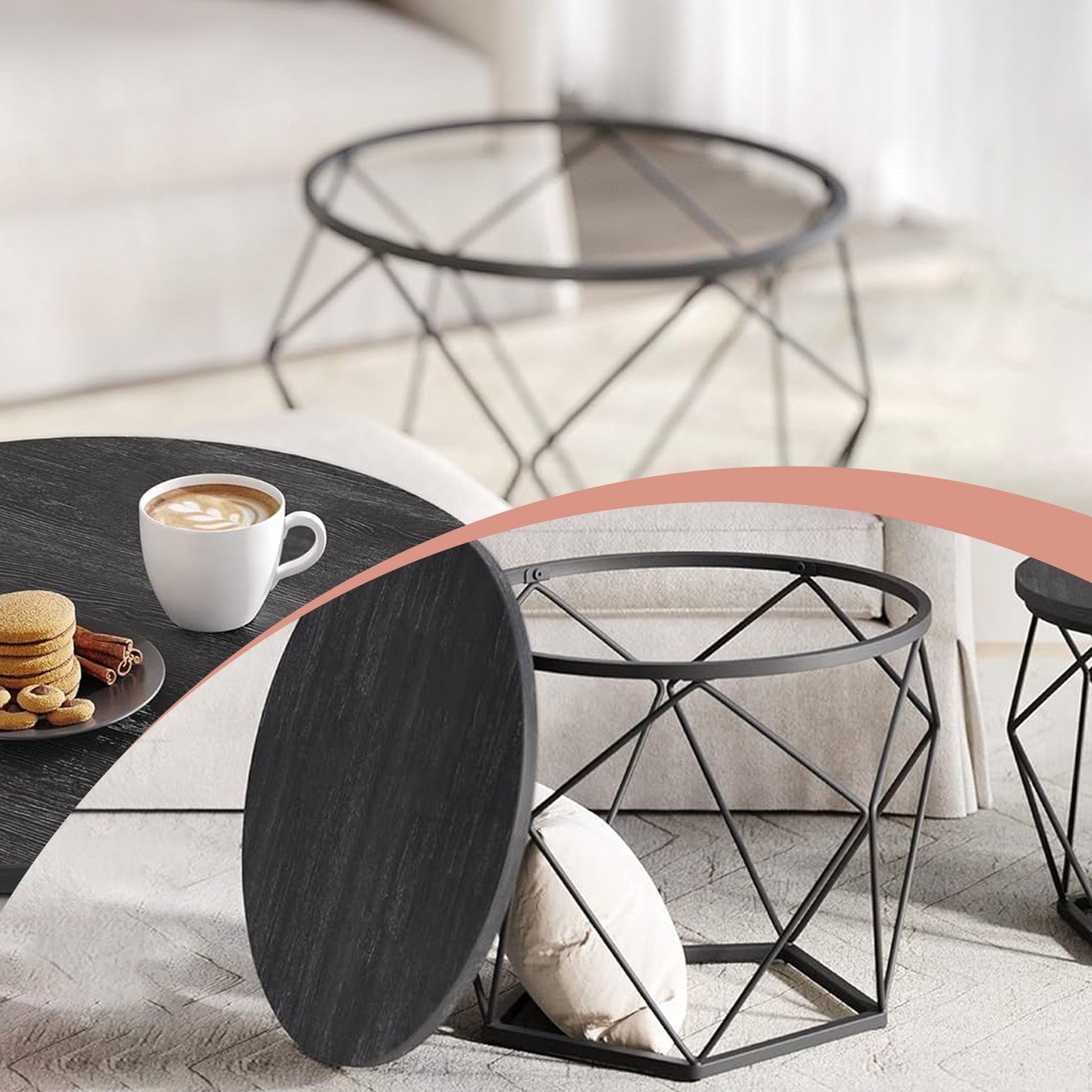 Round Coffee Table Set of 2 – Steel Frame – Modern Design – Removable Tabletop