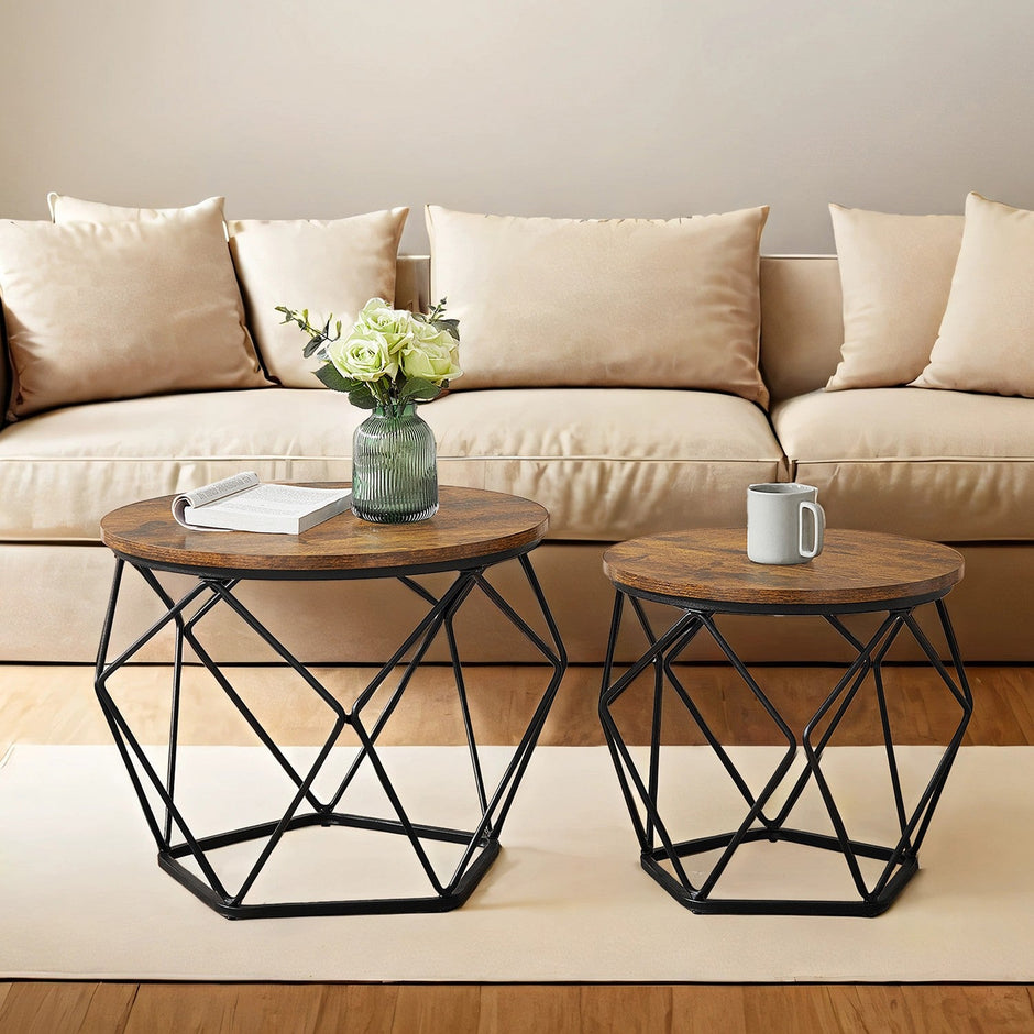 Round Coffee Table Set of 2 – Steel Frame – Modern Design – Removable Tabletop
