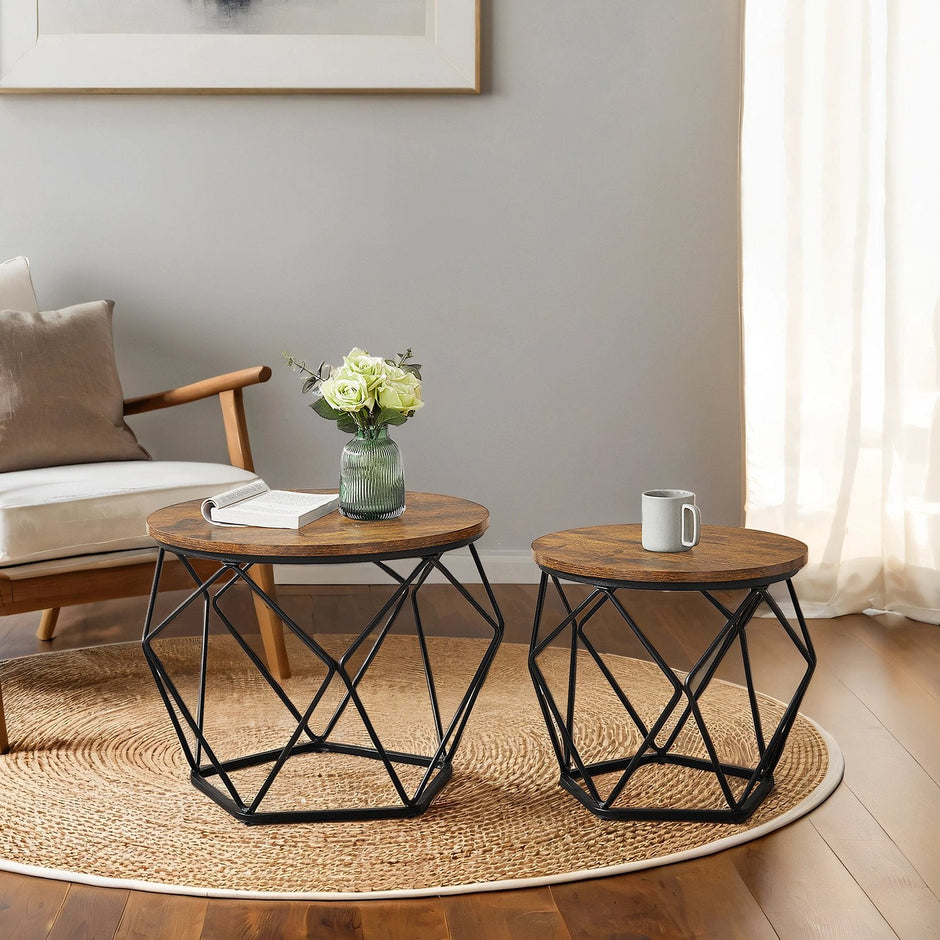 Round Coffee Table Set of 2 – Steel Frame – Modern Design – Removable Tabletop