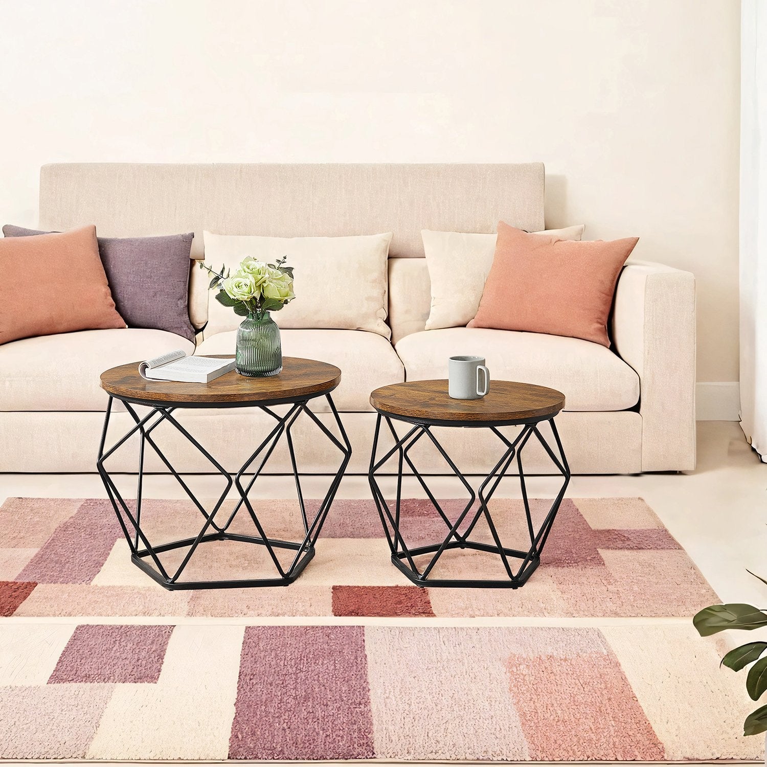 Round Coffee Table Set of 2 – Steel Frame – Modern Design – Removable Tabletop