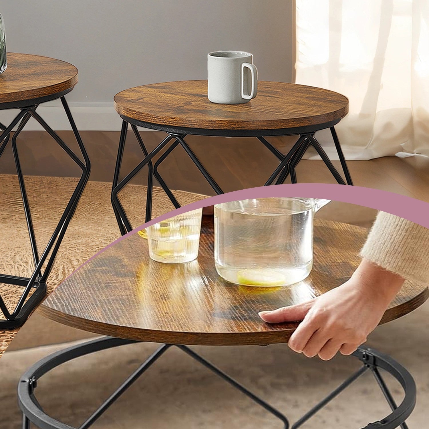 Round Coffee Table Set of 2 – Steel Frame – Modern Design – Removable Tabletop