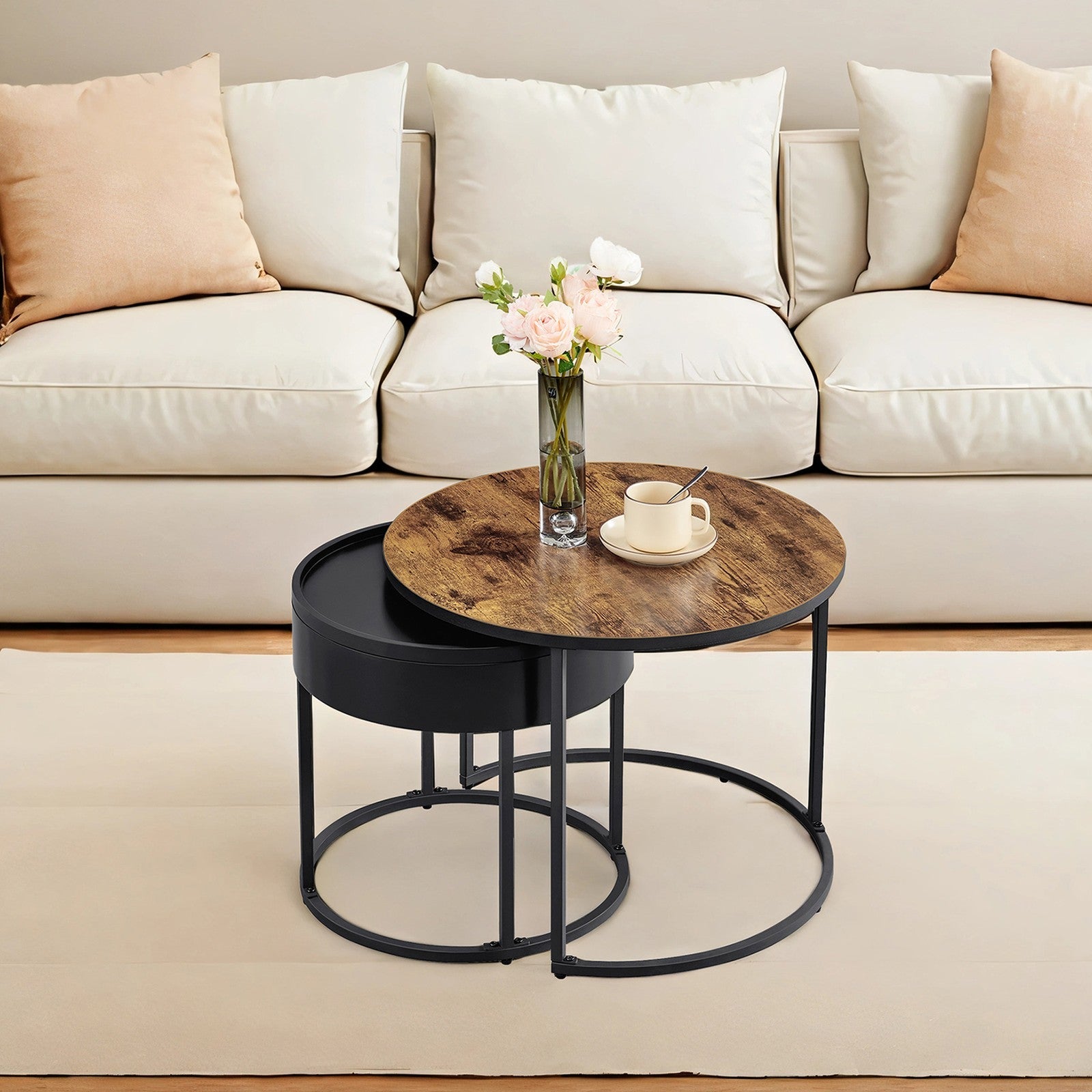 Set of 2 Round Nesting Coffee Tables – Wood – Rustic Brown and Ink Black – Modern Style with Hidden Storage and Top Tray