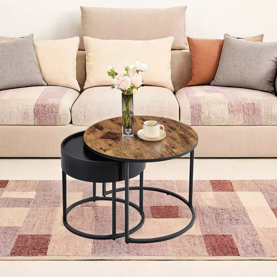 Set of 2 Round Nesting Coffee Tables – Wood – Rustic Brown and Ink Black – Modern Style with Hidden Storage and Top Tray