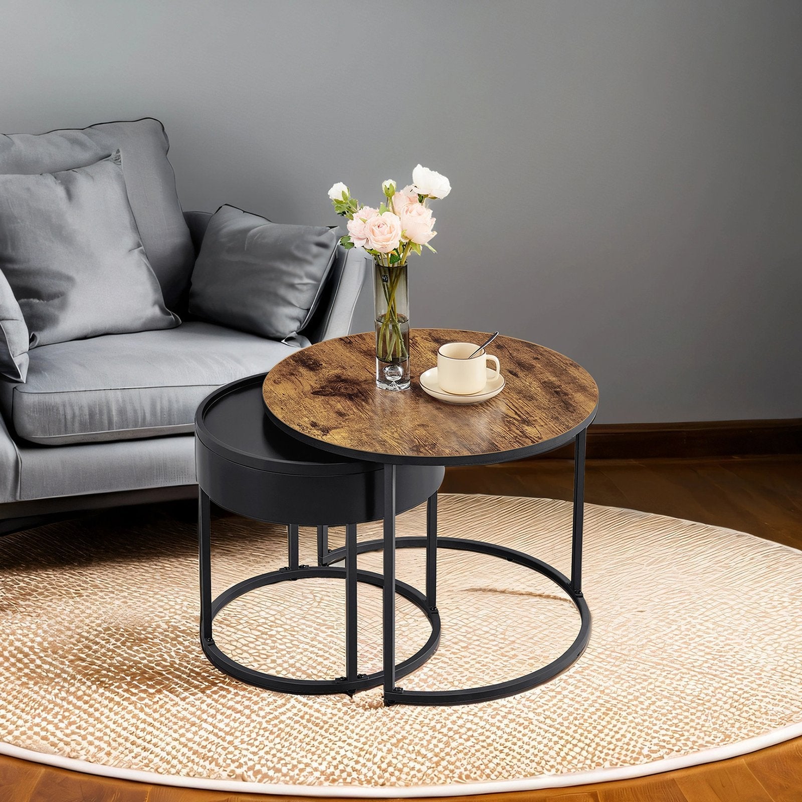 Set of 2 Round Nesting Coffee Tables – Wood – Rustic Brown and Ink Black – Modern Style with Hidden Storage and Top Tray