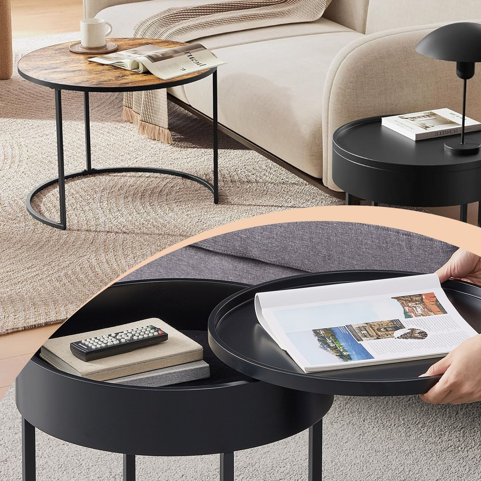 Set of 2 Round Nesting Coffee Tables – Wood – Rustic Brown and Ink Black – Modern Style with Hidden Storage and Top Tray