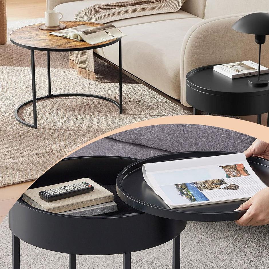Set of 2 Round Nesting Coffee Tables – Wood – Rustic Brown and Ink Black – Modern Style with Hidden Storage and Top Tray