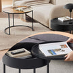 Set of 2 Round Nesting Coffee Tables – Wood – Rustic Brown and Ink Black – Modern Style with Hidden Storage and Top Tray