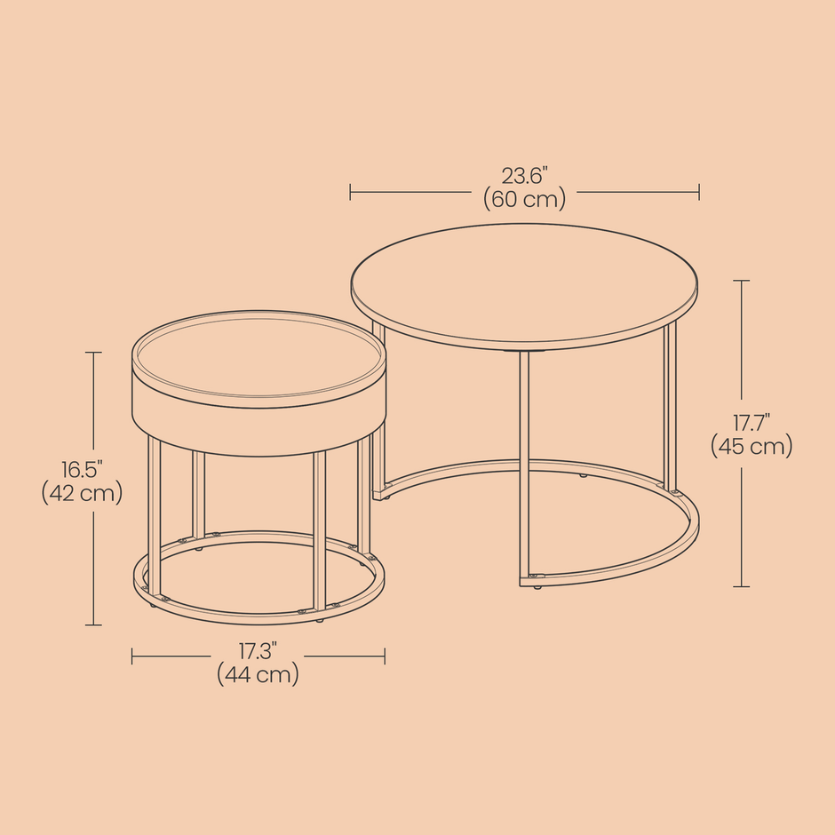 Set of 2 Round Nesting Coffee Tables – Wood – Rustic Brown and Ink Black – Modern Style with Hidden Storage and Top Tray