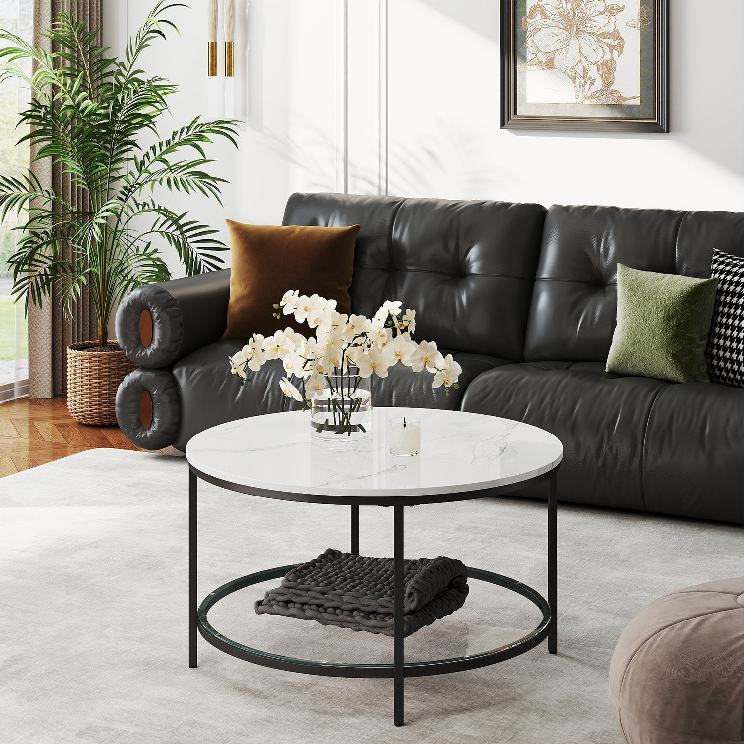Coffee Table – Tempered Glass and Faux Marble – White and Black – Modern Round Design
