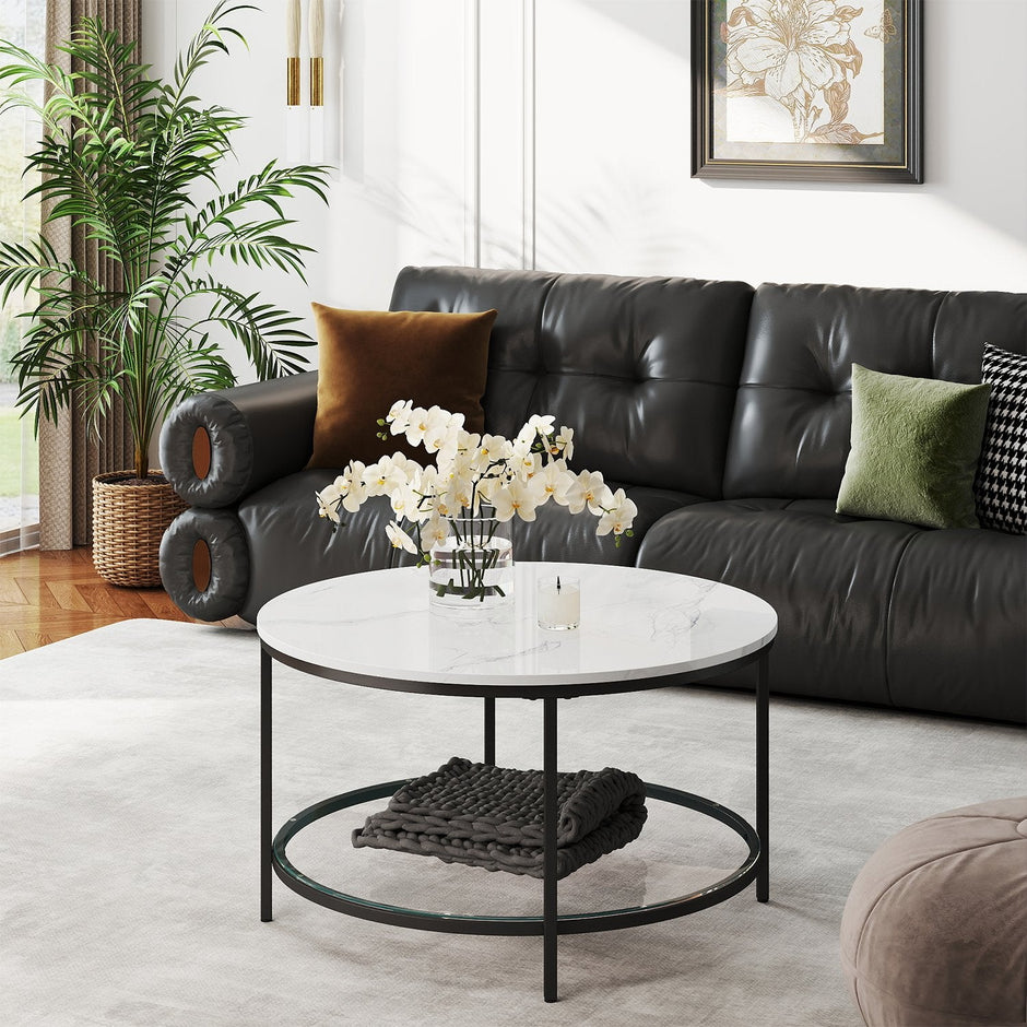Coffee Table – Tempered Glass and Faux Marble – White and Black – Modern Round Design