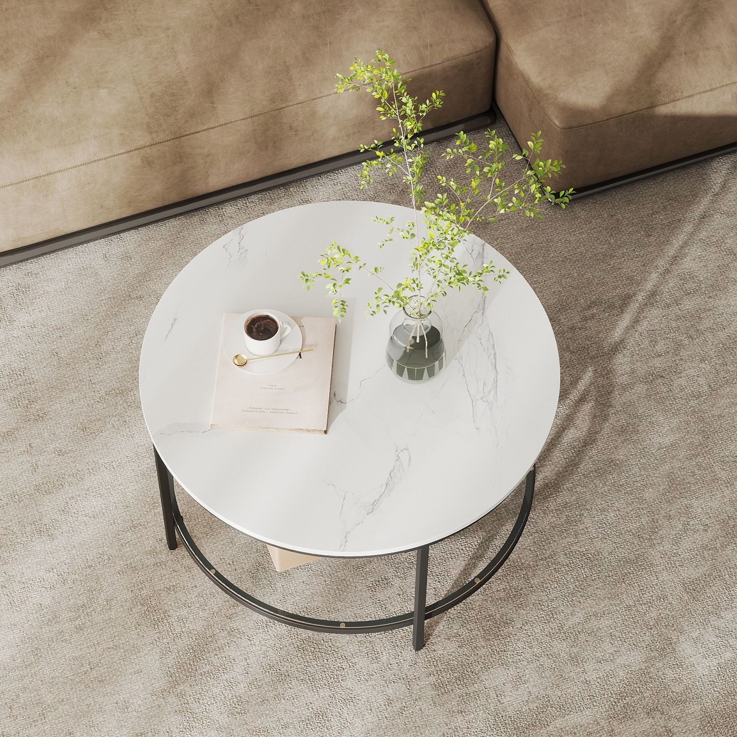 Coffee Table – Tempered Glass and Faux Marble – White and Black – Modern Round Design