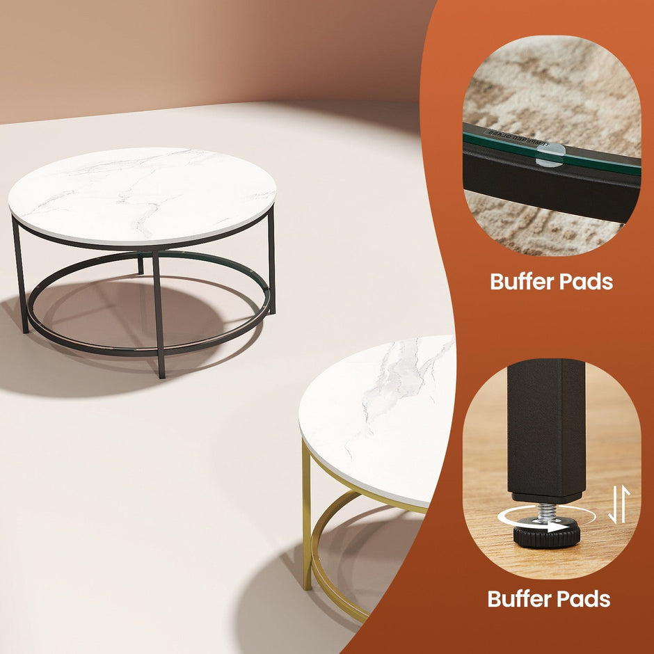 Coffee Table – Tempered Glass and Faux Marble – White and Black – Modern Round Design