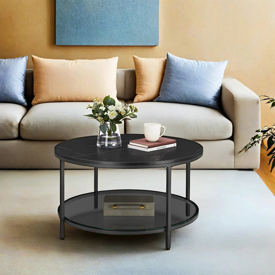 Coffee Table – Tempered Glass and Marble – White and Black – Modern Design with Easy Assembly