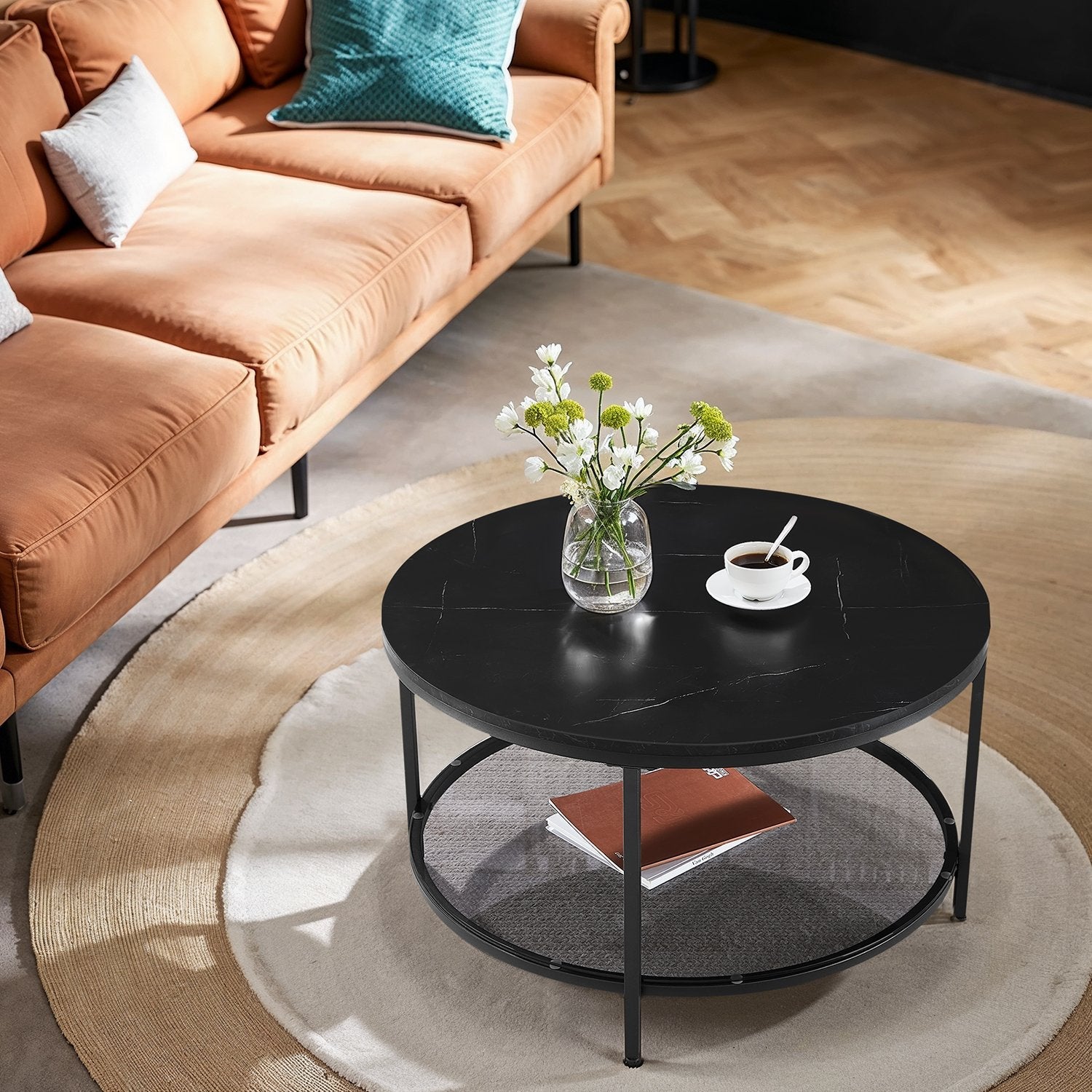 Coffee Table – Tempered Glass and Marble – White and Black – Modern Design with Easy Assembly