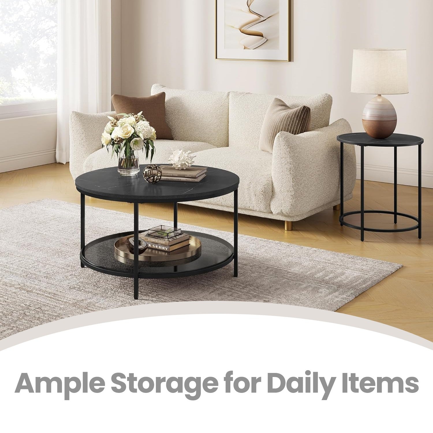 Coffee Table – Tempered Glass and Marble – White and Black – Modern Design with Easy Assembly