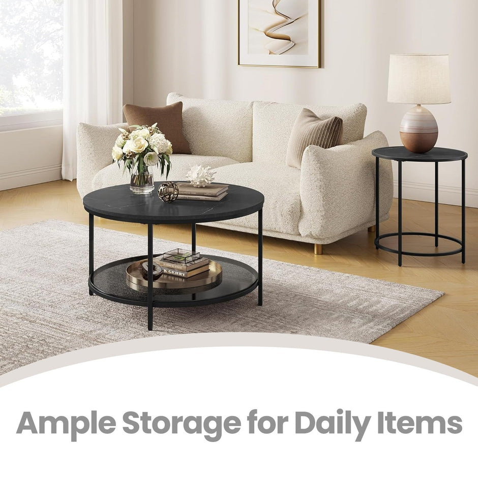 Coffee Table – Tempered Glass and Marble – White and Black – Modern Design with Easy Assembly